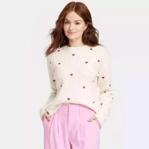 Women's Crewneck Pullover Sweater - A New Day Cream Red Hearts Size XS